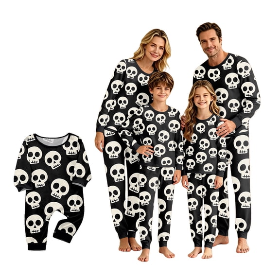 Onlypjs Family Halloween Pajamas Matching Sets Spooky Skull Print 2 Piece Long Sleeve Sleepwear Loungewear for Couples Adults Women Men