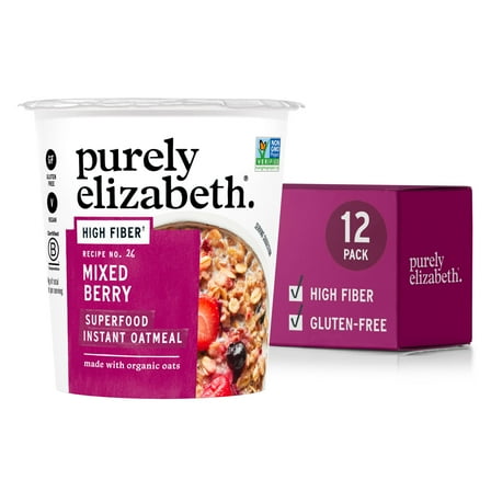 Purely Elizabeth Superfood Oatmeal OKA4 Cup with Prebiotic Fiber, Mixed Berry, Vegan Friendly, Organic, Gluten Free & Non-GMO, 1.76 Ounce (Pack of 12)