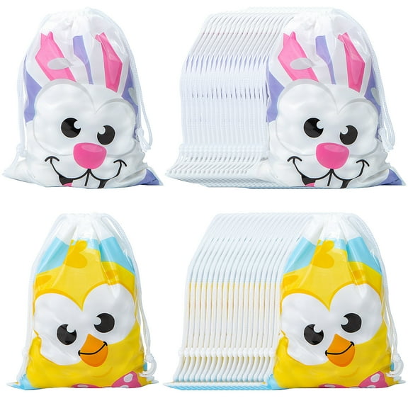 Fun Express 5 1/2" x 7 1/2" Large Easter Plastic Drawstring Treat Bags - 36 Pieces