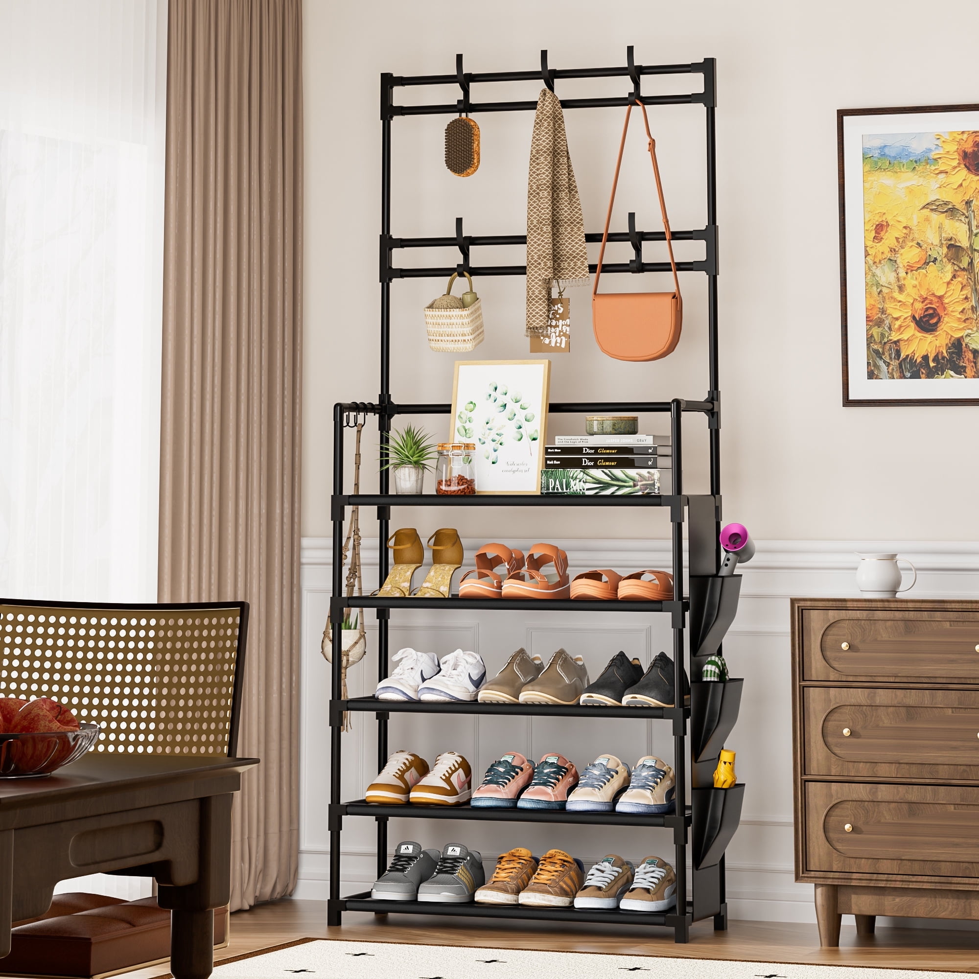 5 Tier Shoe Rack with Hooks and Side Pocket Storage 15-20 Pairs Shoe Rack for Closet Entrance Shoe Rack Organizer Entryway Shoe Holder Space Saving Free Standing Shoe Racks