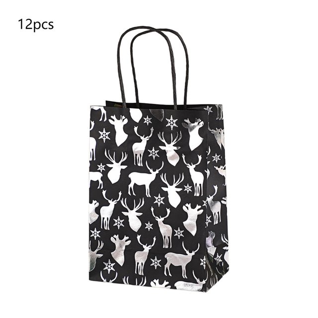 Eoozwa Christmas Party Favors Bags Black and Silver Christmas Goodie Gift Paper Bags with Handles Xmas Tree Reindeer Snowflake Candy Treat Pouch for Xmas Party Decoration Holiday Supplies