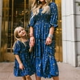 thumbnail image 5 of IBTOM CASTLE Mommy and Me Matching Dresses Floral Printed Ruffled Lantern Sleeves A-Line Long Dress Mom Daughter Matching Outfits L Blue Stars, 5 of 8