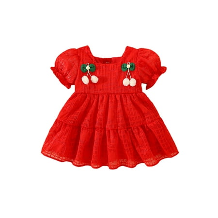 

Wassery Toddler Baby Girls Dresses Short Sleeve Square Neck Floral Print One Piece Ruffled 3D Cherry Princess Party High Waist Dress