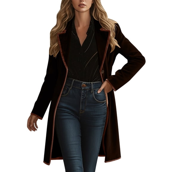 Womens Velvet Trench Coats Trendy Windproof Outerwear Long Lapel Pocketed Overcoat Lightweight Causal Coats
