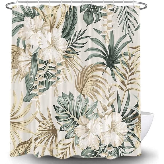 Tropical Plant Flower Shower Curtain for Bathroom, Vintage Sage Green Palm Leaves Beige Fabric Shower Curtains Set, Cute Floral Greenery Botanical Restroom Decor Accessories with Hooks 72"X72"