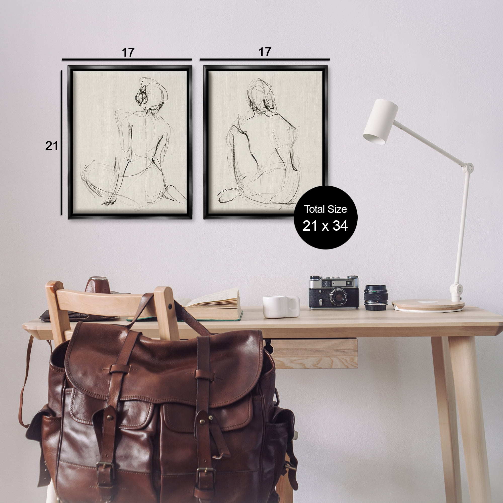 Stupell Industries Sitting Female Figure Drawing People Drawing Black Floater Framed Canvas Art Print Wall Art, 17 x 21, Set of 2