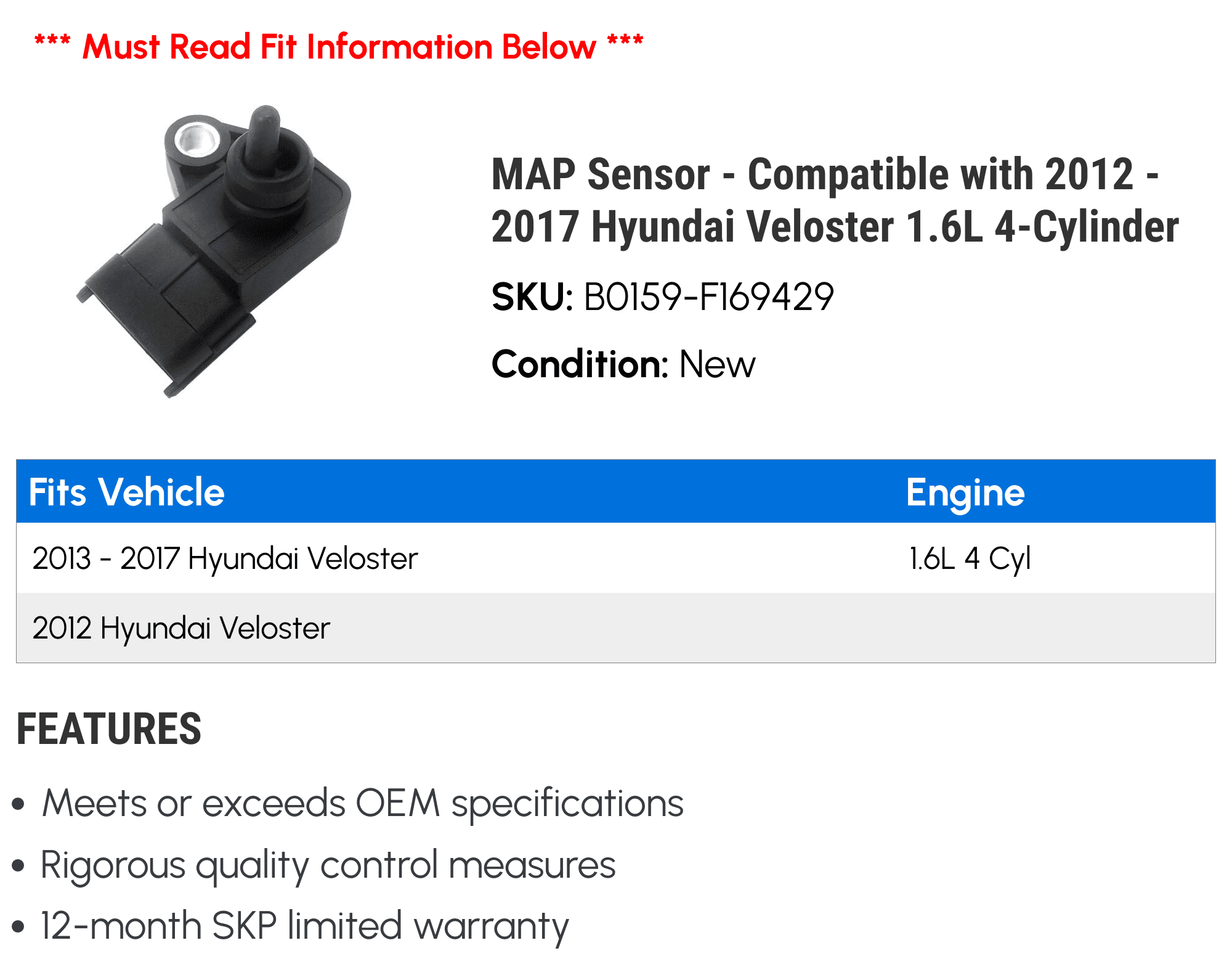 MAP Sensor - Compatible with 2012 - 2017 Hyundai Veloster 1.6L 4-Cylinder 2013 2014 2015 2016