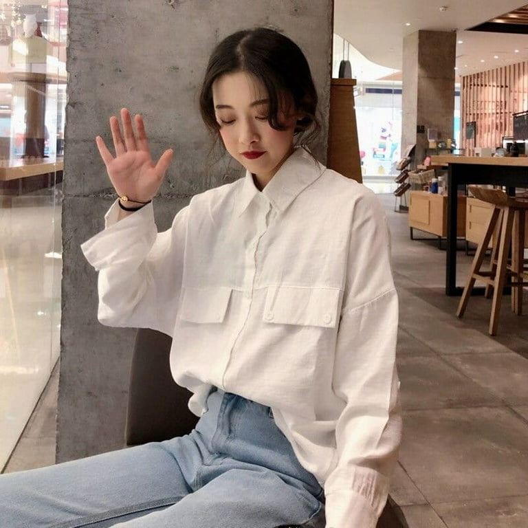 DanceeMangoo Spring White Shirt for Women Korean Style Loose Cotton Long  Sleeve Blouse Woman Casual Turn-down Collar Blouses Lady