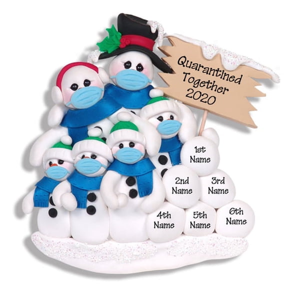 Covid-19 Corona Virus Snowman Family of 6 w/Face Masks Pandemic Quarantine Ornament