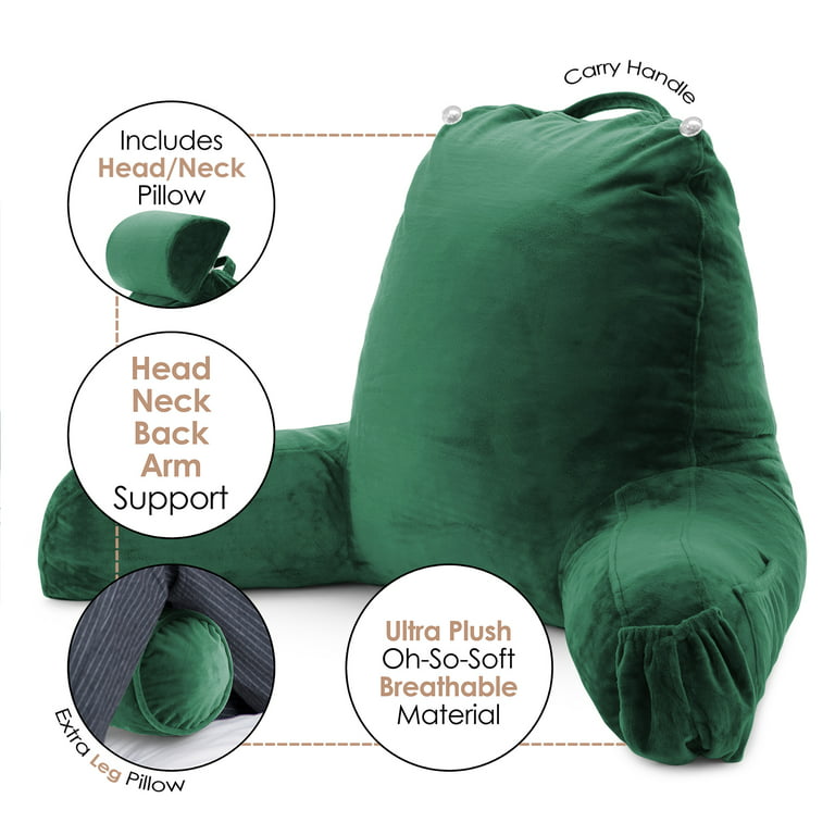 Husband Pillow Dark Green, Original Reading Pillow in Bed Rest Chair,  Shredded Memory Foam Large Lounge Cushion Adult Backrest with Arms, Comfy  Back