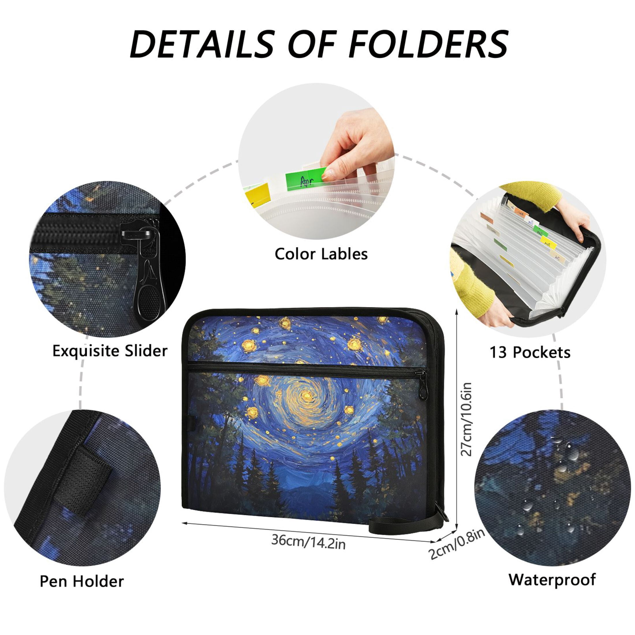 WOBOGO Starry Night Sky with Fireflies Expanding File Folder Letter Size Accordion Filing Organizer 13 Pocket Separate Organ Pocket