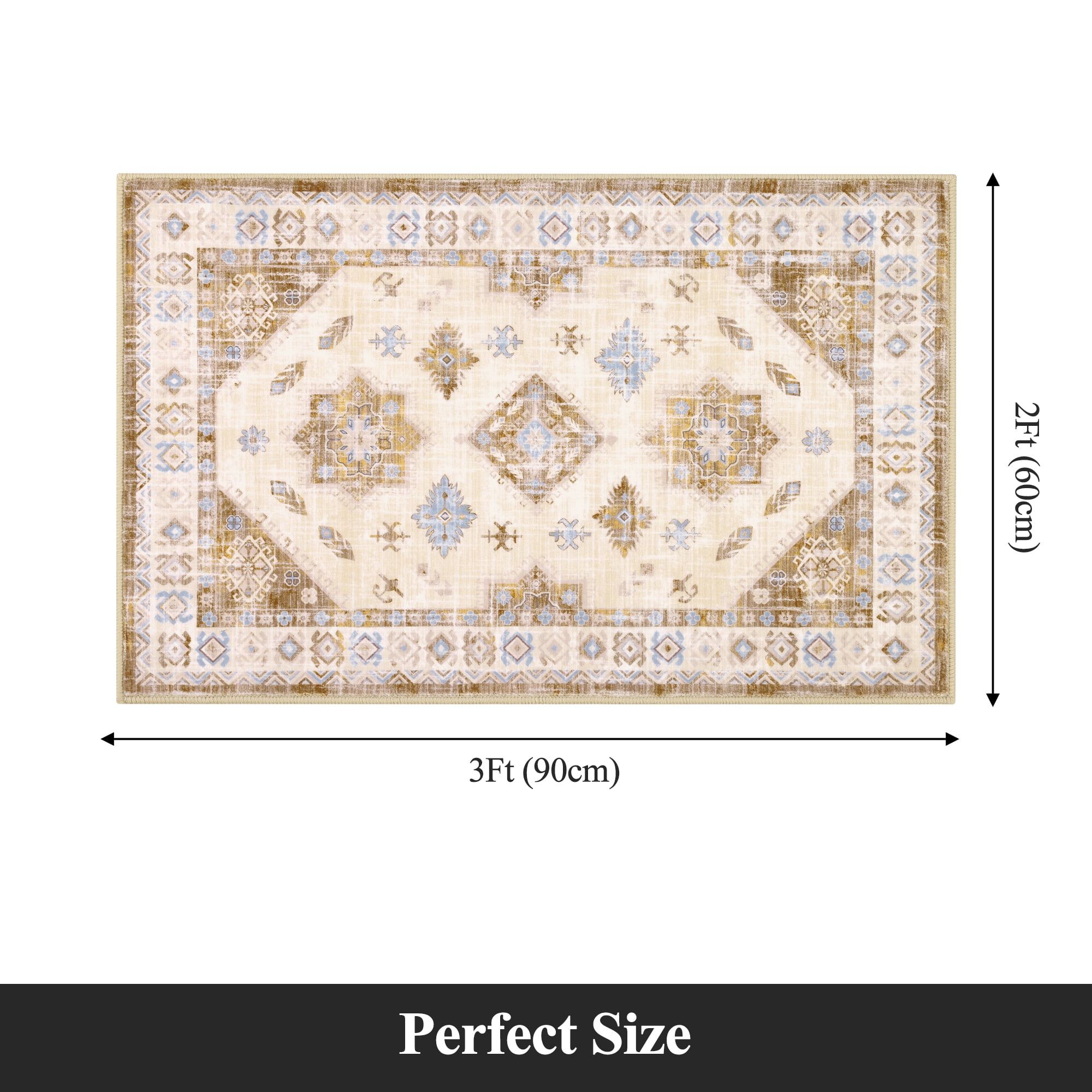 MeyJey Oriental Indoor Area Rug 2'x3' Non-Slip Machine Washable Vintage Distressed Floor Carpet for Living Room Bedroom Dining Kitchen Hallway, Beige/Brown