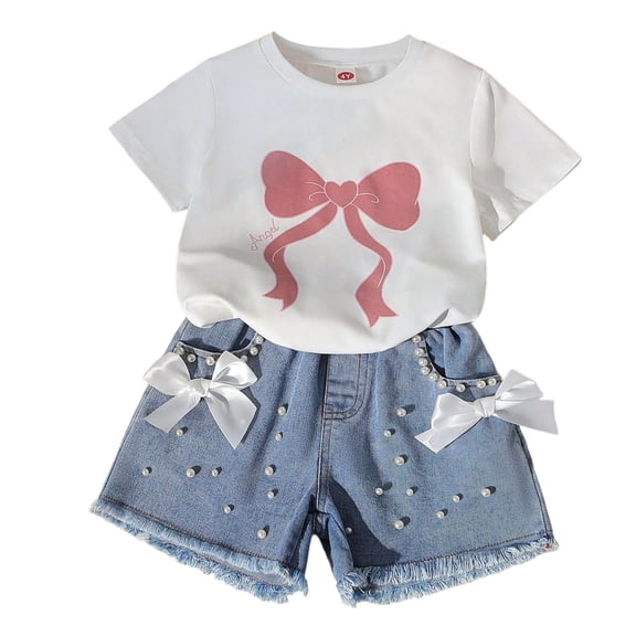 Gyujnb Girls 2 Piece Summer Outfit Bow Print Short Sleeve Top and Rhinestone Denim Shorts Casual Cute Set,4-5 Years