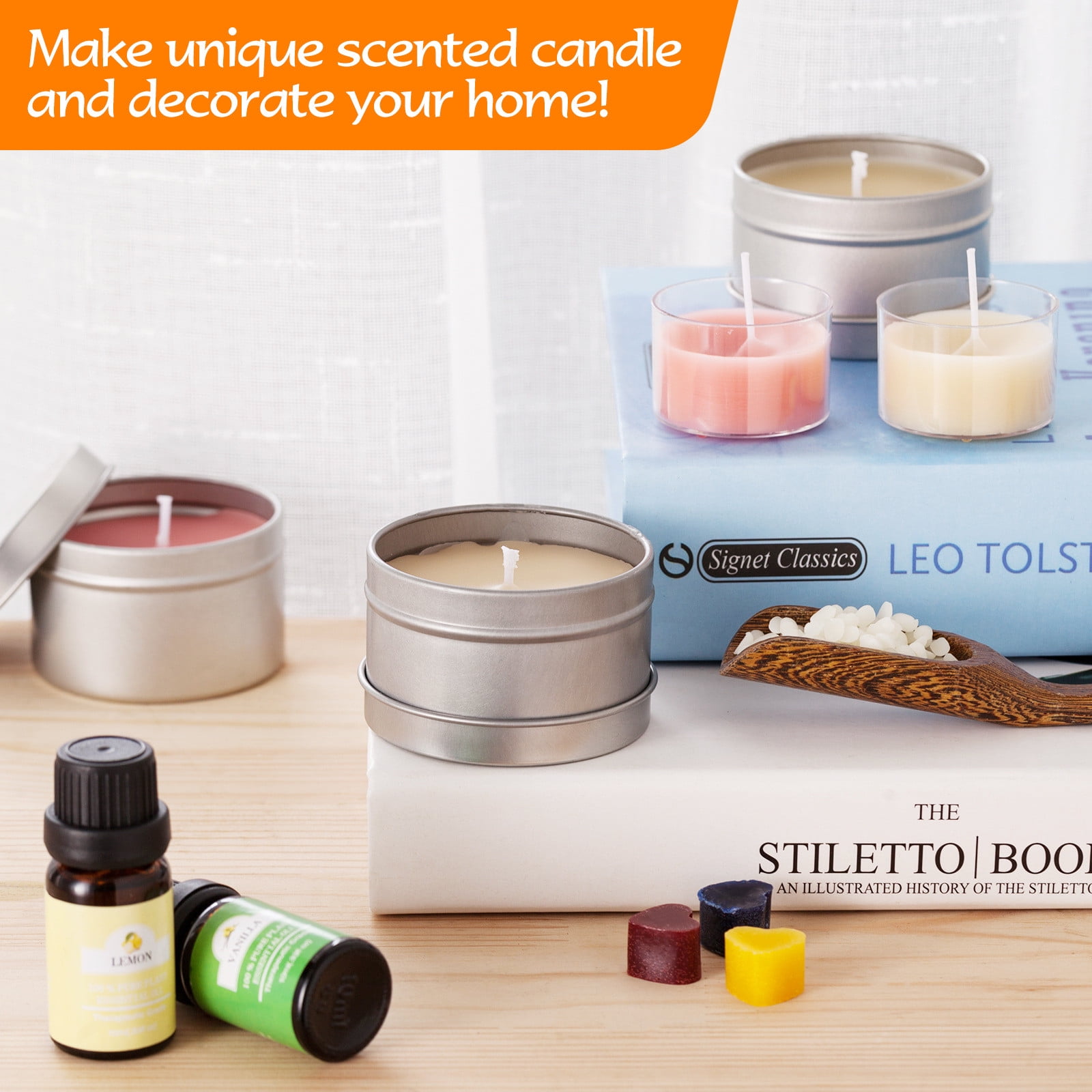 DIY Candle Making Kit | Candle Craft Set - Complete Supplies with Lemon Scent, Jars, Wicks, Holders, Stickers, Spoon, Color Block, Manual | 1200g | Gift Packaging