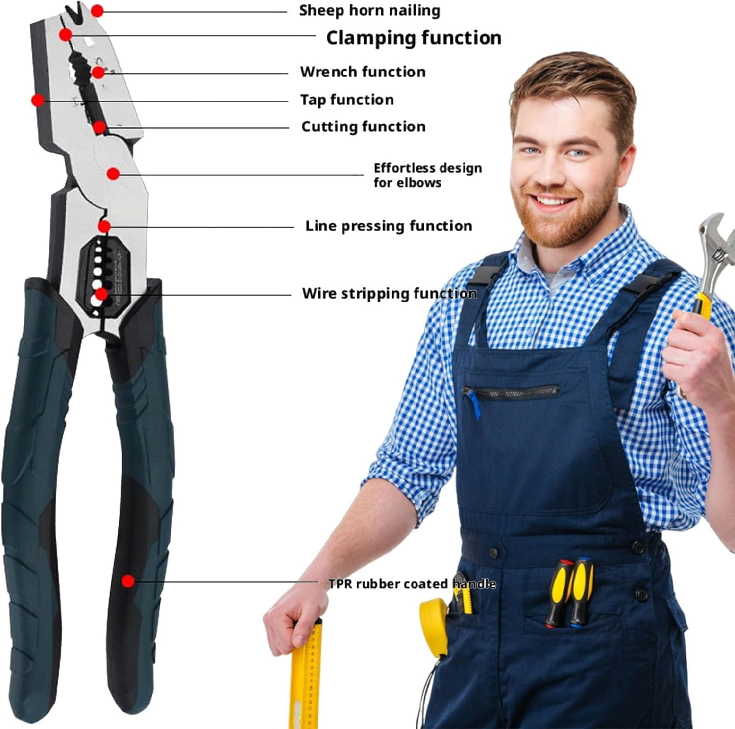 Industrial-Grade Multi-function Cutting Pliers, 9-in-1 Multi-Functional Pliers Nail Puller/Wire Cutter/Stripper/Crimper—Compound Action Leverage, Chromium Vanadium Plier Tool for DIY & Home