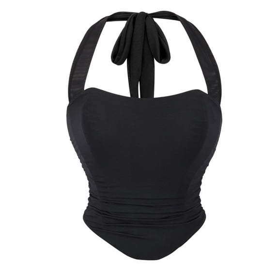BRGZLK Women Overbust Corset Cute Mesh BreathableChoker Neck Lingerie Body Shaper Halter Backless Lift Tummy Control Waist-Cinching Bustier Crop Tops Black M