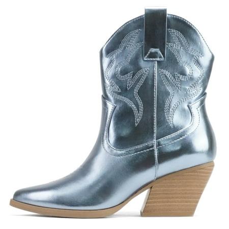 

Soda Women Cowgirl Cowboy Western Stitched Ankle Boots Pointed Toe Short Booties High Top Blazing Light Blue Metallic 8