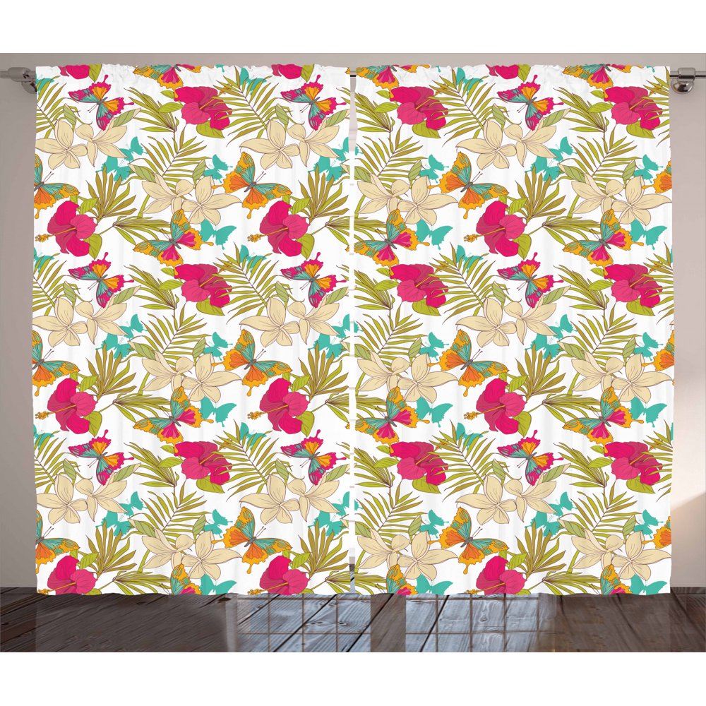 Hawaiian Curtains 2 Panels Set, Tropical Frangipani and Hibiscus