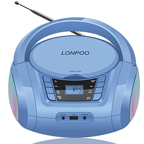 White Audio-in LONPOO Portable CD Player Boombox,Bluetooth FM Radio Stereo System AC/DC Operated, MP3 Playback Headphone Jack USB Input LCD Display 