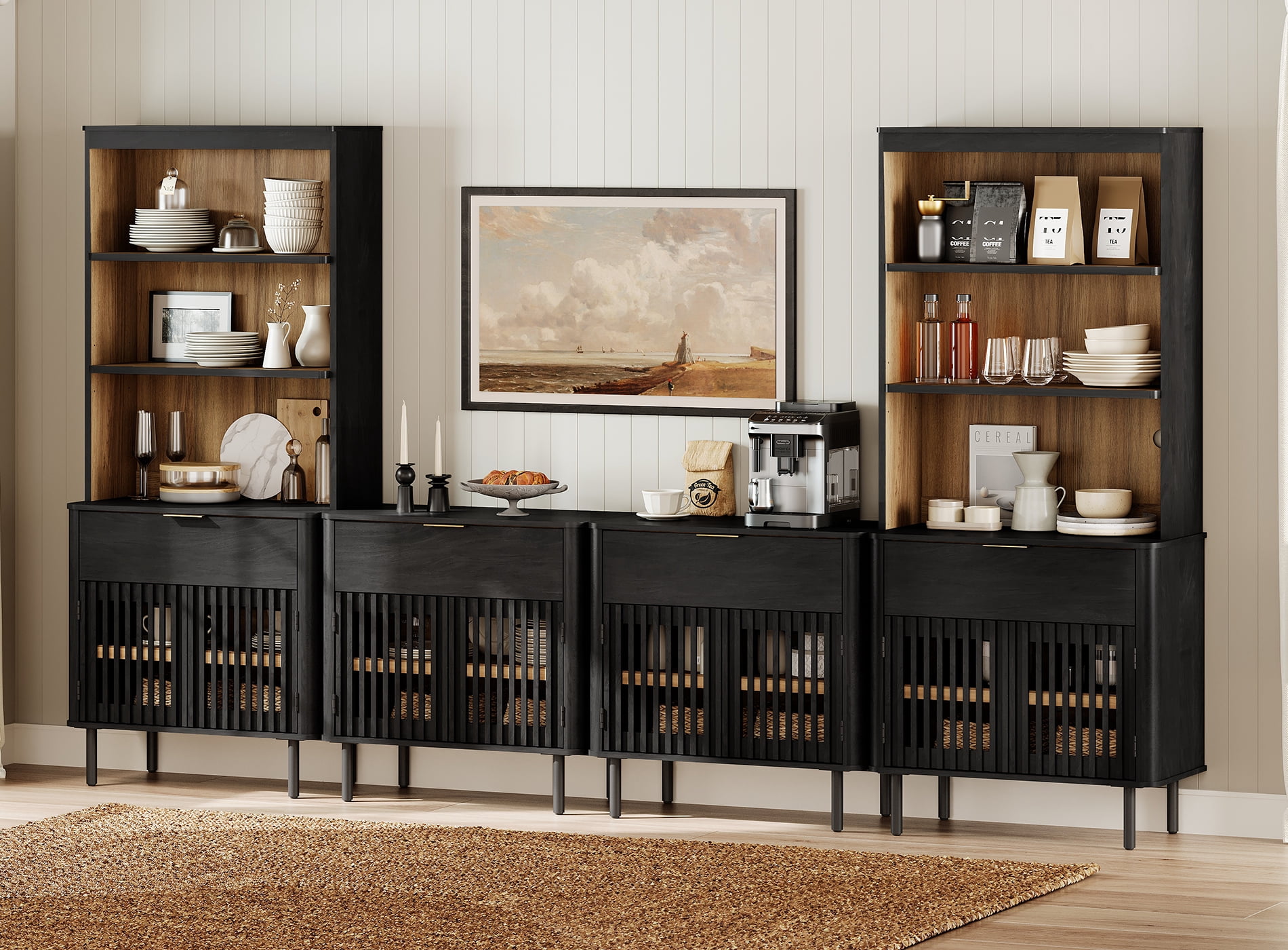 126" W Media Center with Bookcases – TV Stand for TVs Up to 75",Black