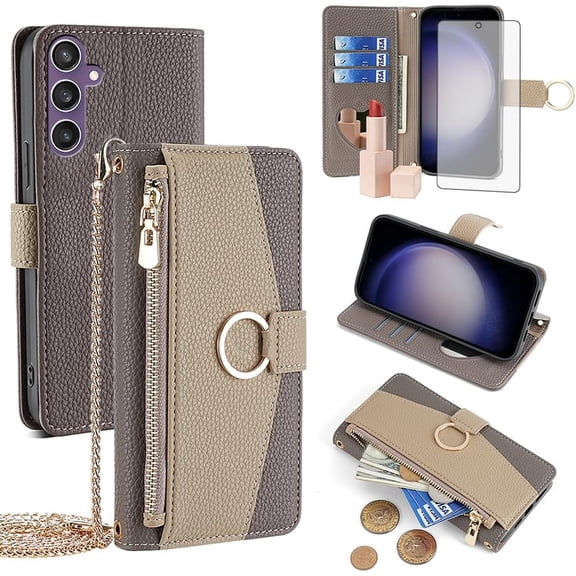 Phone Case for Samsung Galaxy S23 FE 5G Wallet Cover with Screen Protector and Mirror Flip Cover Ring Card Holder Crossbody Strap Stand Cell S 23 EF S23FE5G UW S23FE 23S Women Girls Gray
