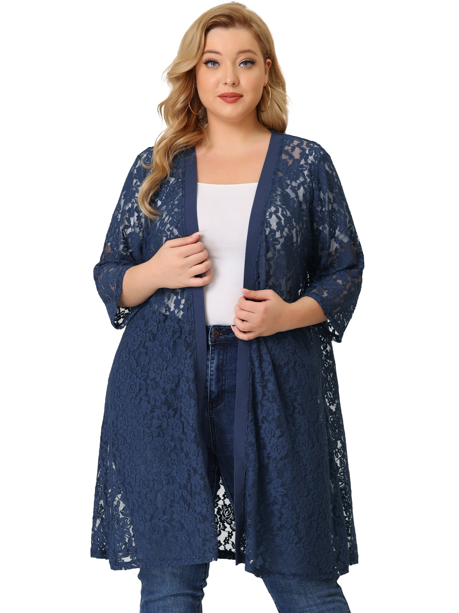 DARING DIVA Women's Plus Size Lace Crochet 3/4 Sleeve Cover Up Jacket 6X Navy