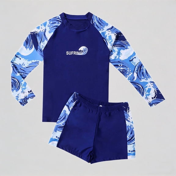 REDARER Boys' 2-Piece Swim Set – Graphic Long-Sleeve Rash Guard Wave-Print Trunks, Stylish Summer Beach Swimwear,150
