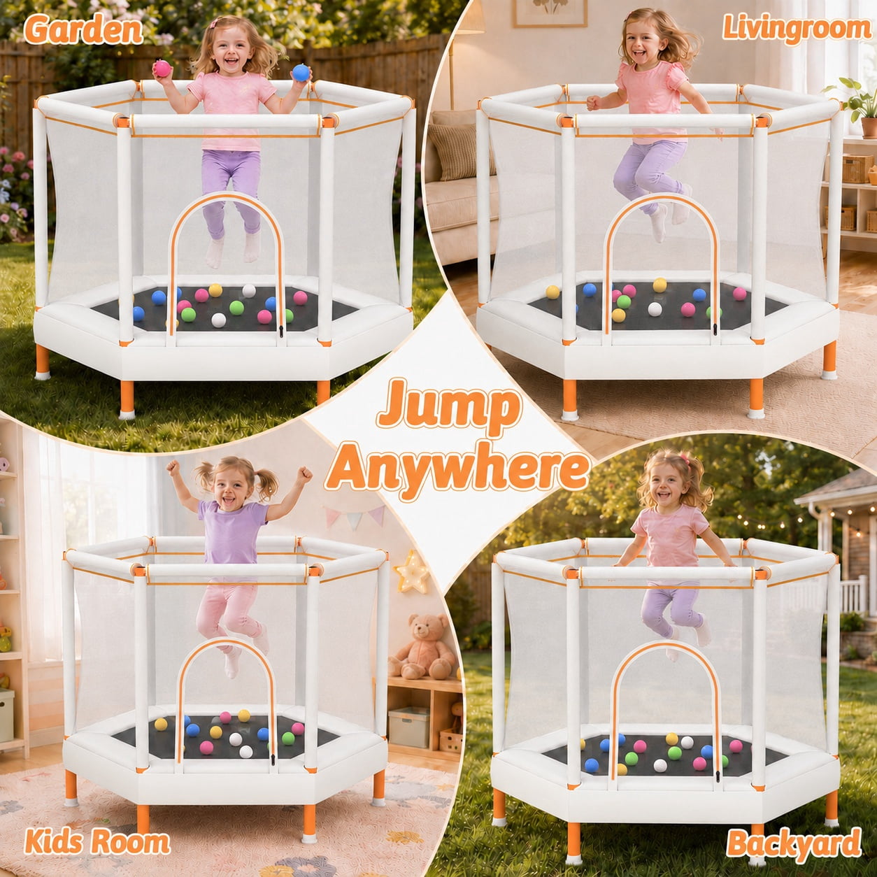 55" Toddler Trampoline with Enclosure Net & Ocean Balls, SHINPT Kids Trampoline for Toddlers Ages 3+, Indoor Trampoline with No Gap Design, Small Trampoline for Kids Room, Living Room, Ideal Gift