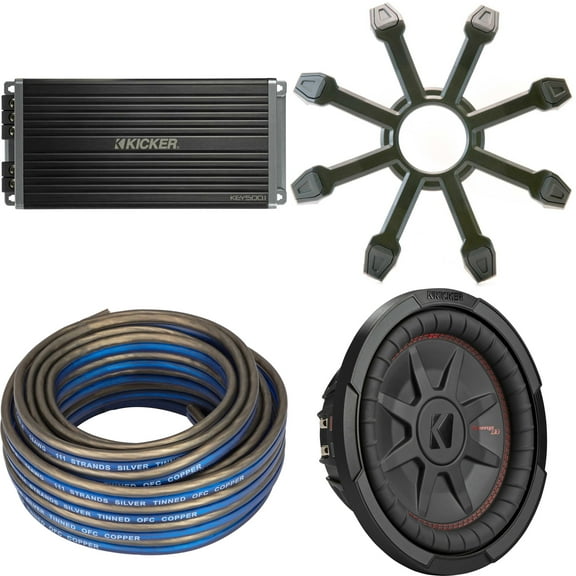 Kicker 48CWRT104 CompRT 10" Subwoofer, DVC, 4-ohm w/ 47Key5001 Amp & Speaker Wire, Grill Bundle
