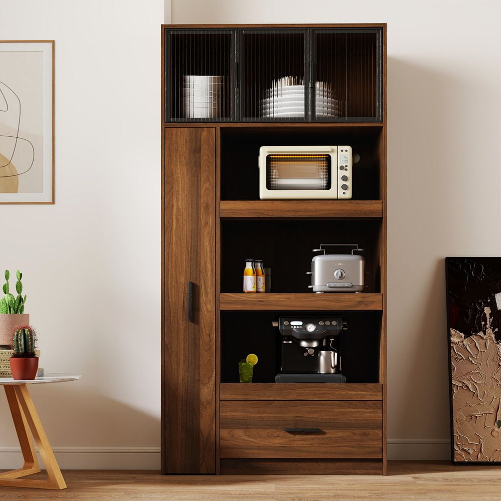 LUMAMIN 71" Kitchen Pantry Storage Cabinet with Pull-Out Multi-Tier Storage Shelf, Tall Kitchen Hutch Pantry Cabinet with Drawer and Microwave Stand Walnut