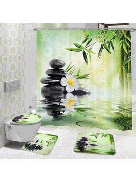 Bestgoods 4Pcs Hotel Bathroom Sets Bamboo Polyester Shower Curtain With Hooks Mat Rugs Toilet Covers