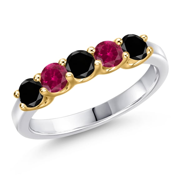 Gem Stone King 10K Two Tone Gold Black Diamond and Red Created Ruby Wedding-Bands Ring for Women | 1.01 Cttw | Round 3.5MM | Gemstone April Birthstone | Size 5