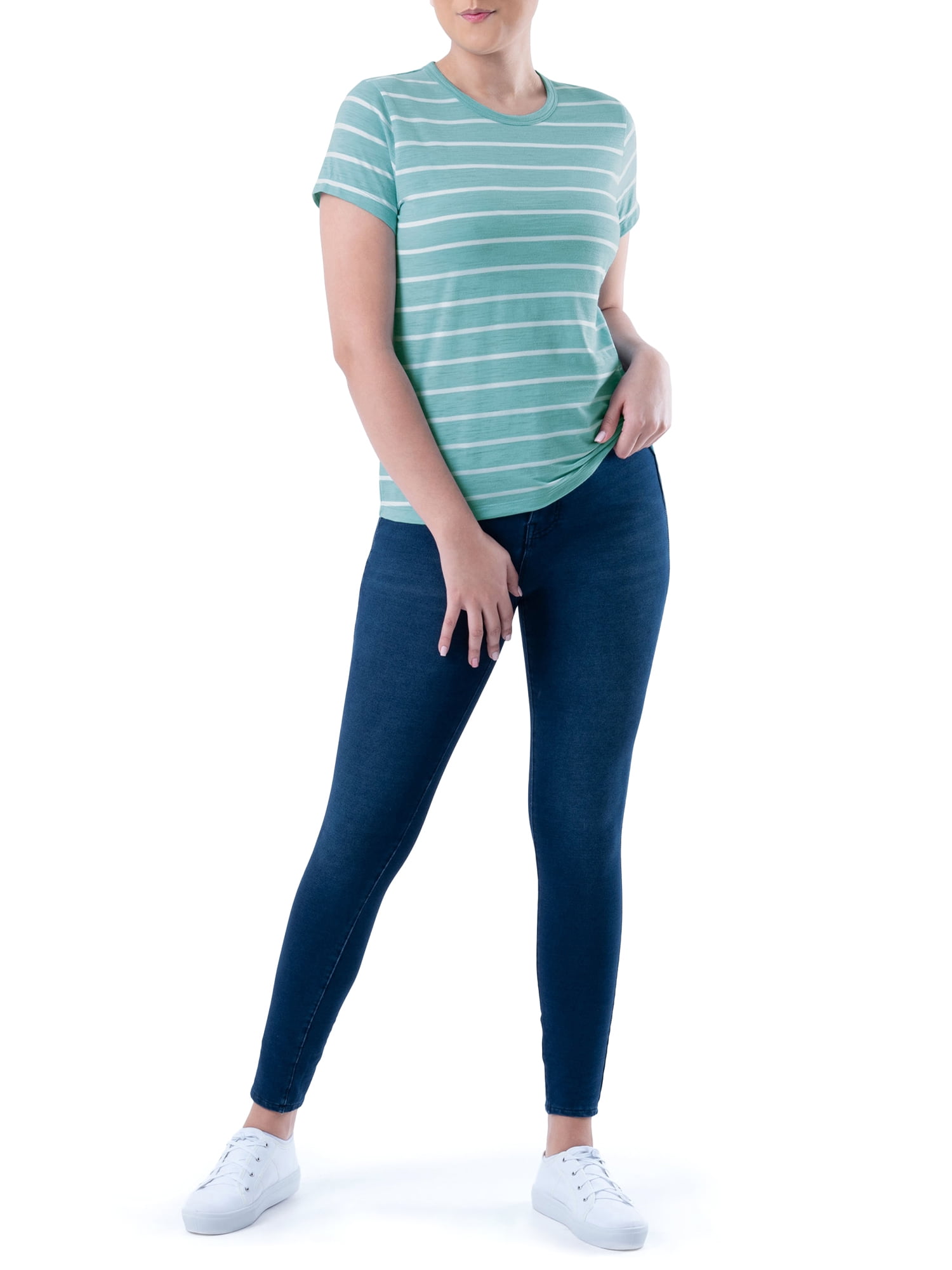 Time and Tru Womens Striped Short Sleeve Slub Crew Neck T-Shirt, 2-Pack