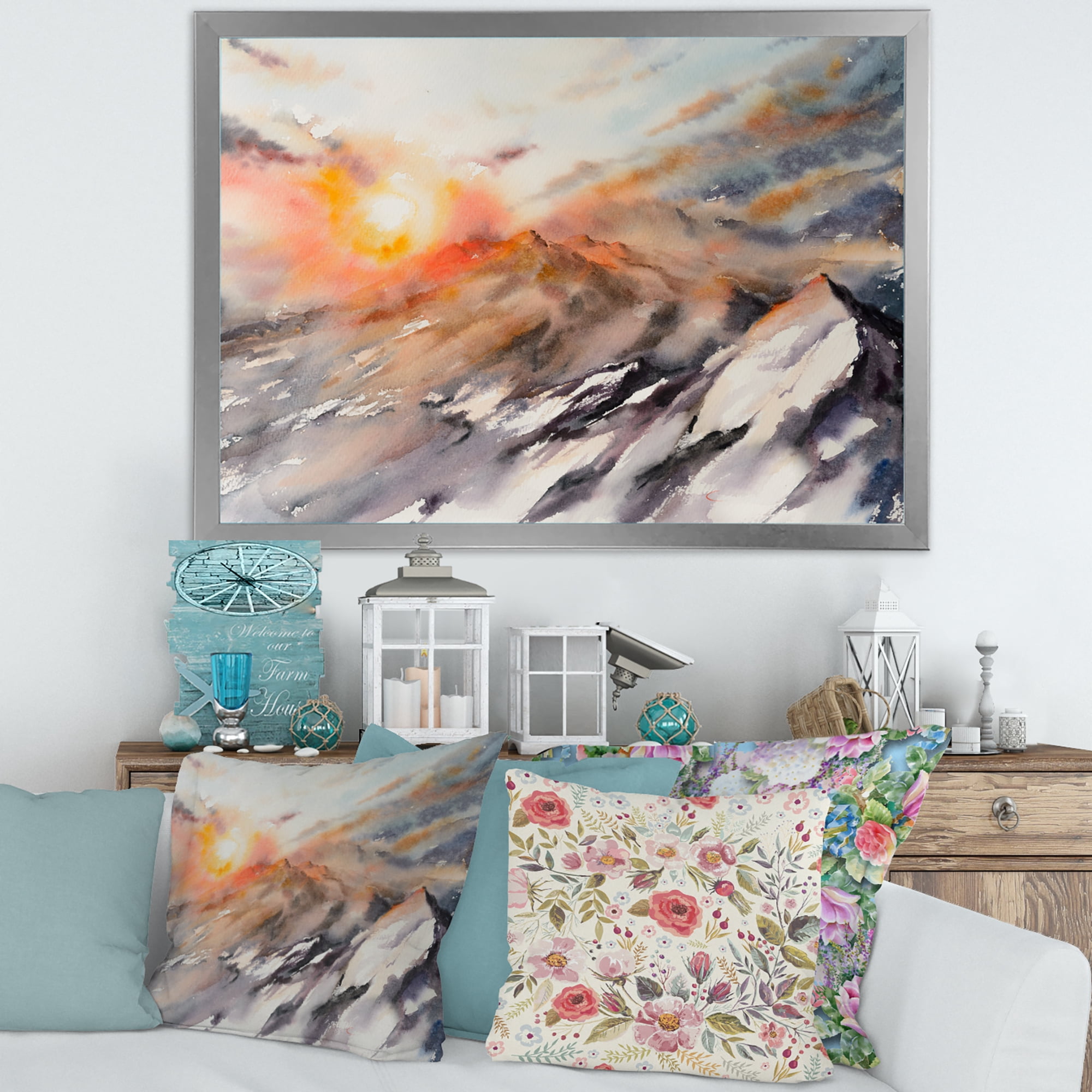 Designart 'Majestic Sunset Glow on The Mountains Landscape' Traditional Framed Art Print