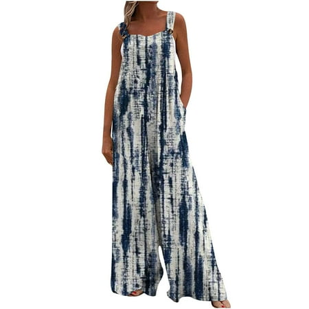 

YanHoo Women s Summer Jumpsuits Linen Sleeveless Wide Leg Palazzo Overalls Boho Beach Print Romper with Pockets