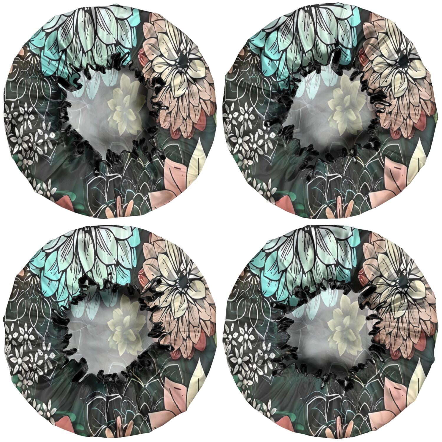 Shower Caps,Pioneer Flower Floral Print Pattern Waterproof Shower Cap for Women 4 Pieces,Double Reusable Hair Cover for Shower PEVA Elastic Stretch Hem