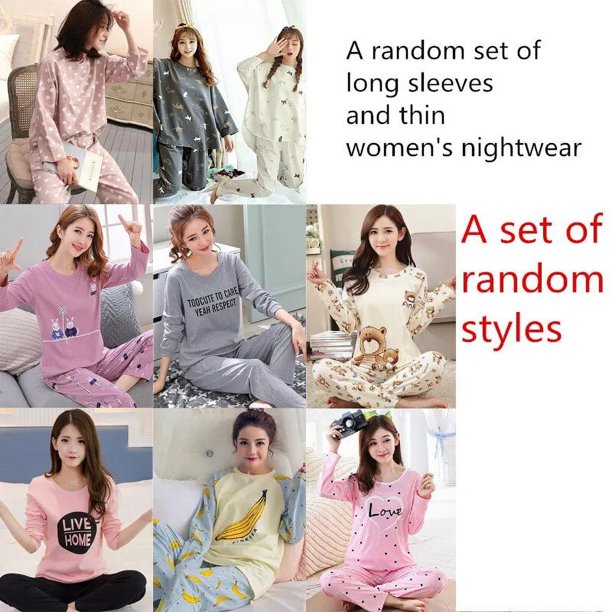 Conjunto de pijama con estampado de dibujos animados para mujer, ropa de dormir de manga larga con cuello redondo, estilo coreano, cómoda y elegante, suave y dulce