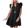 thumbnail image 4 of Yindaity Womens 2024 Summer V-Neck Drawstring Ruffle Cap Short Sleeve Side Pockets Mini Dress Sundress Black,M, 4 of 4