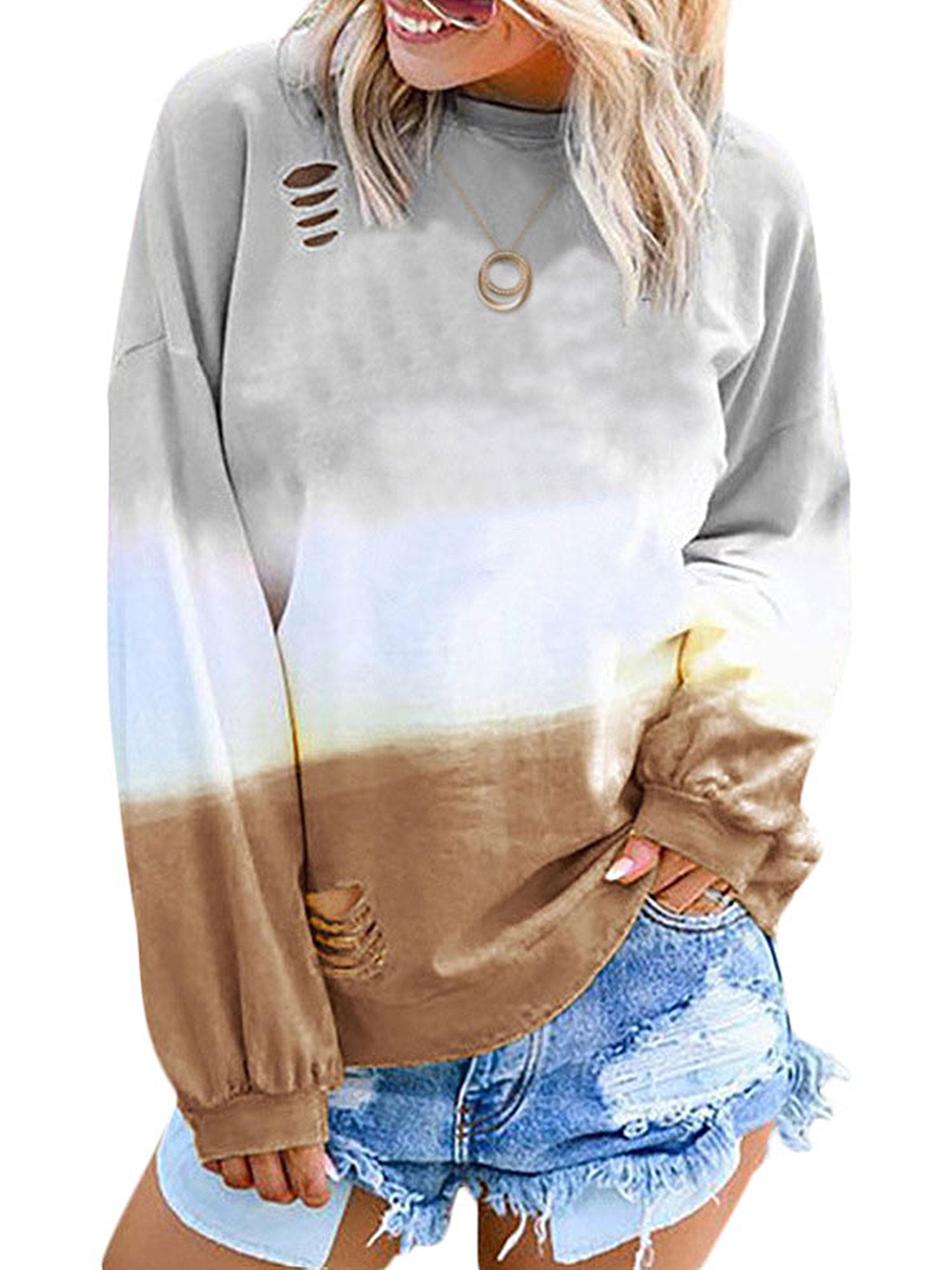 Women Printed Long Sleeve Pocket Pullover Ladies Casual Loose Baggy Blouse Tops