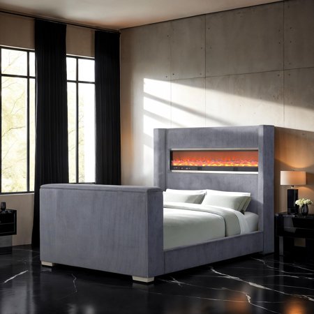 Contemporary Style Wingback Design Upholstered 1pc Queen Size Bed Footboard w/ TV Lift FB Bed Gray Color Acacia Wood Bedroom Furniture