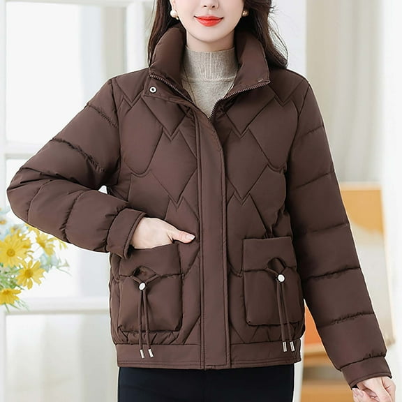 Roncen Women's Casual Solid Color Cotton Jacket - Long Sleeve Hoodless Winter Coat with Turn-Down Collar, Warm and Comfortable Outerwear for Everyday Use