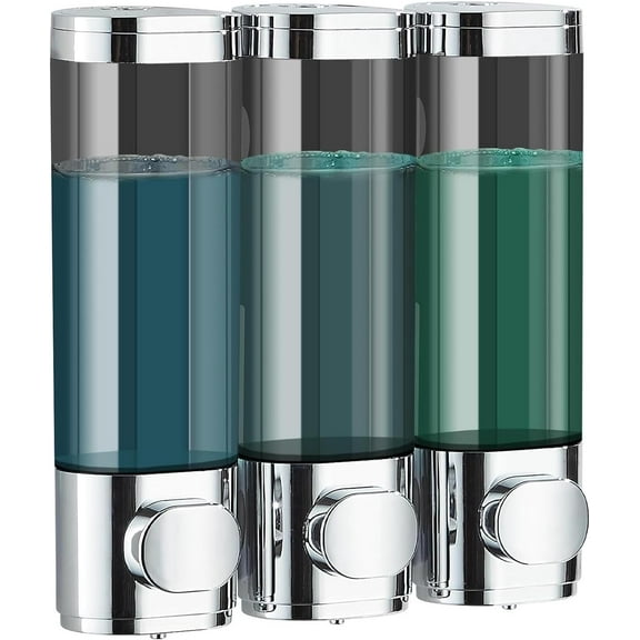 wintfarm Soap Dispenser,Shampoo Dispenser Wall Mounted for Bathroom,Silver 3 Chamber 300mL*3 Simple Human Plastic Body Wash Shower Gel Shampoo Conditioner Soap Dispenser Holder No Drill Set