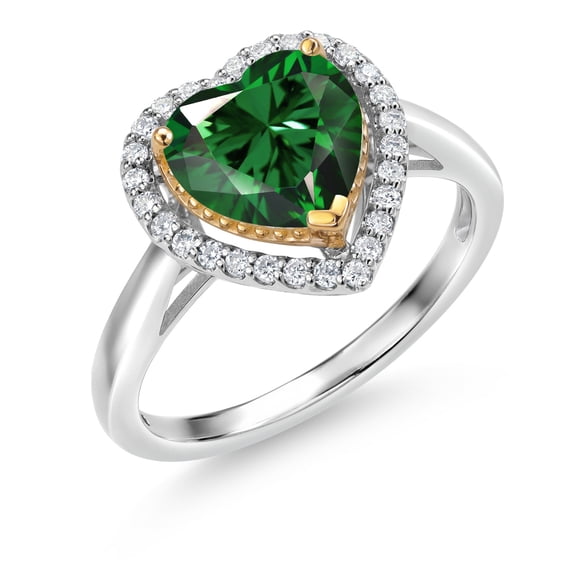 Gem Stone King 925 Sterling Silver and 10K Yellow Gold Green Nano Emerald and White Lab Grown Diamond Engagement Ring for Women (1.00 Cttw, Heart Shape 8MM, Size 9)
