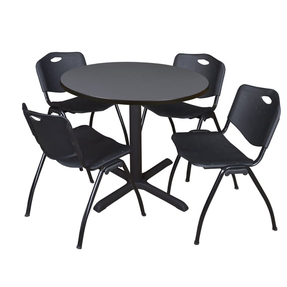 Cain 42" Grey Round Breakroom Table and 4 'M' Stack Chairs, Multiple Colors