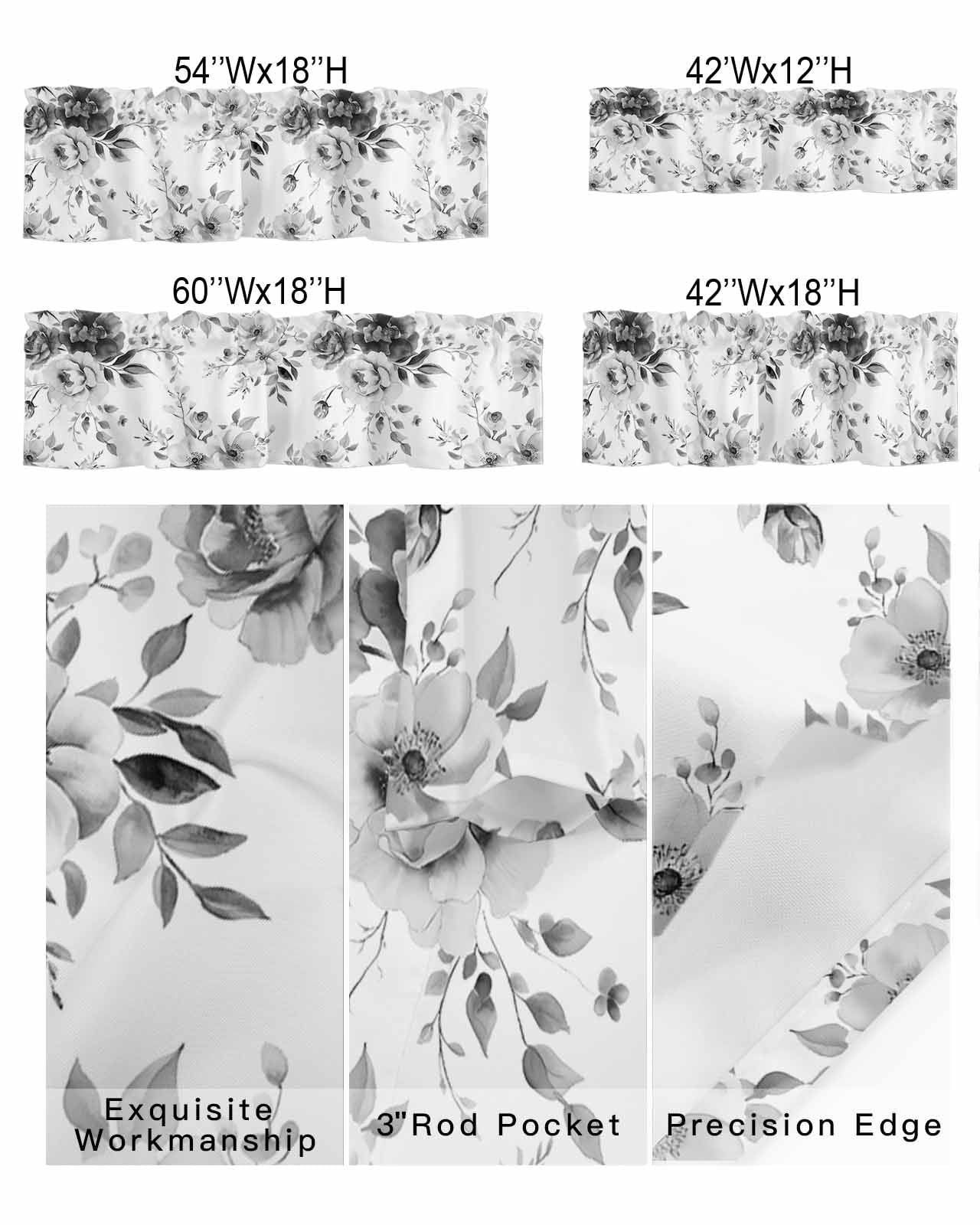 Spring Blossom Grey Flower Curtain Valances for Kitchen Windows,Rod Pocket Short Valance Retro Watercolor Floral Plant Window Treatment for Living Room Bathroom Bedroom,54" x 18"-1 Panel