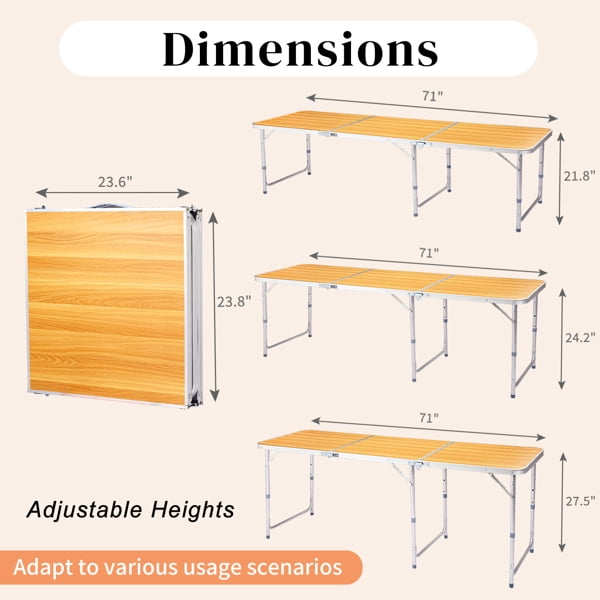 Alvantor 6 ft Portable Folding Camping Table, Wood Aluminum Alloy