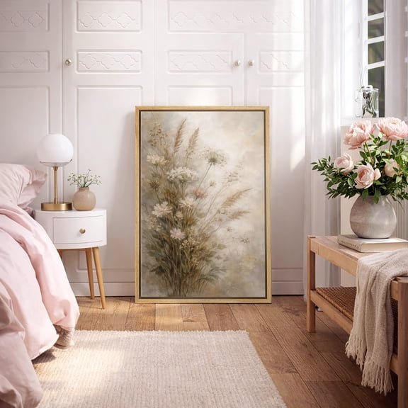 Framed Canvas Print Wildflower Botanical Wall Art Boho Decorative for Living Room Bedroom - 16"x24" NATURAL