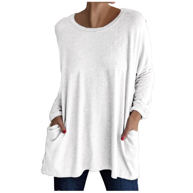Simua Chandails Décontractés à Manches Longues pour Femmes, Col Rond, avec Poche, T-Shirts, Blouses, Tunique, Hauts de Type Sweat, avec Poche, Blanc,P