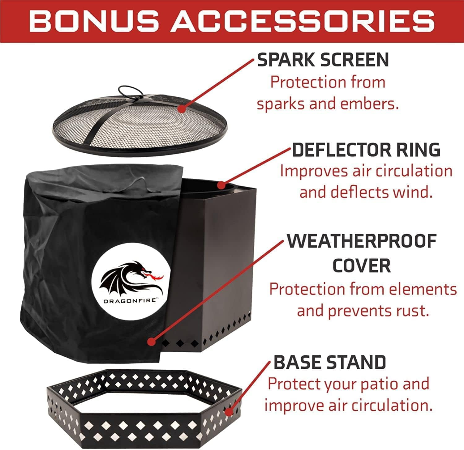 Dragonfire Portable Smokeless Firepit, Accessories Included: Grill, Base Stand, Carrying Case. Wood Pellet/Log Burning Outdoor Fire Pit. Stainless Steel, 22 Inch, Nesting Base for Compact Storage.