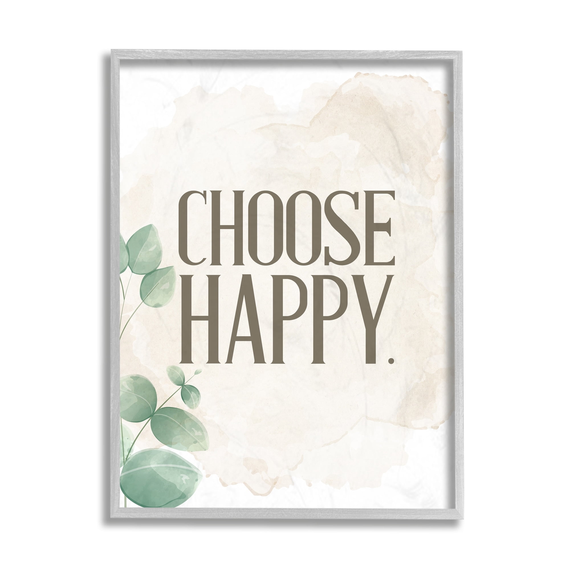 Stupell Industries Choose Happy Text Green Leaves Neutral Brown Gray Framed by Kim Allen